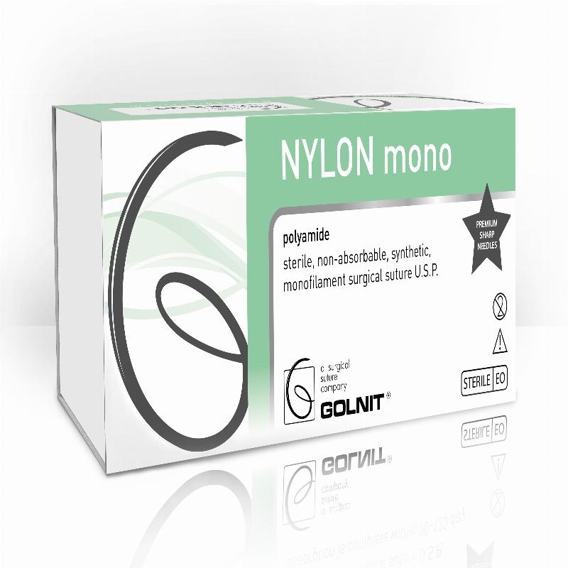 Нейлон моно (Поліамід) шовний матеріал USP(EP): 1 (4,0), Голка: Колюча 36мм, 1/2 кола, Одно-голкова, Нитка: 75см